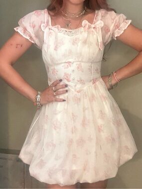 White Floral Babydoll Mini Dress with Pink Roses and bows by liuxinyu